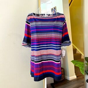 Liz Claiborne Navy and Pink Striped Short Sleeve Top